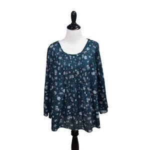 J. Jill Women's L Large Tunic Top Pleated Chest Floral Print 3/4 Sleeves Boho